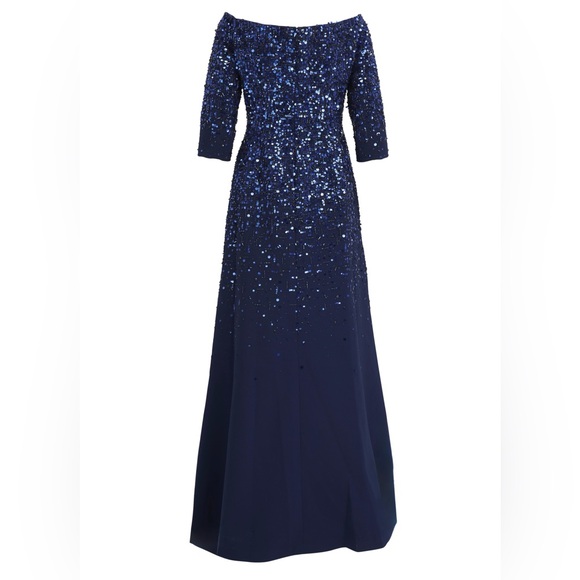 CAROLINA HERRERA Embellished Off-Shoulder Flare Gown Sequin Navy Blue Maxi Dress